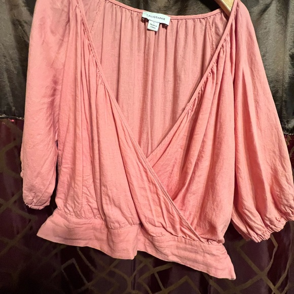 Calligraphie Tops - Pink Wrap Blouse with 3/4 Sleeves boho academia